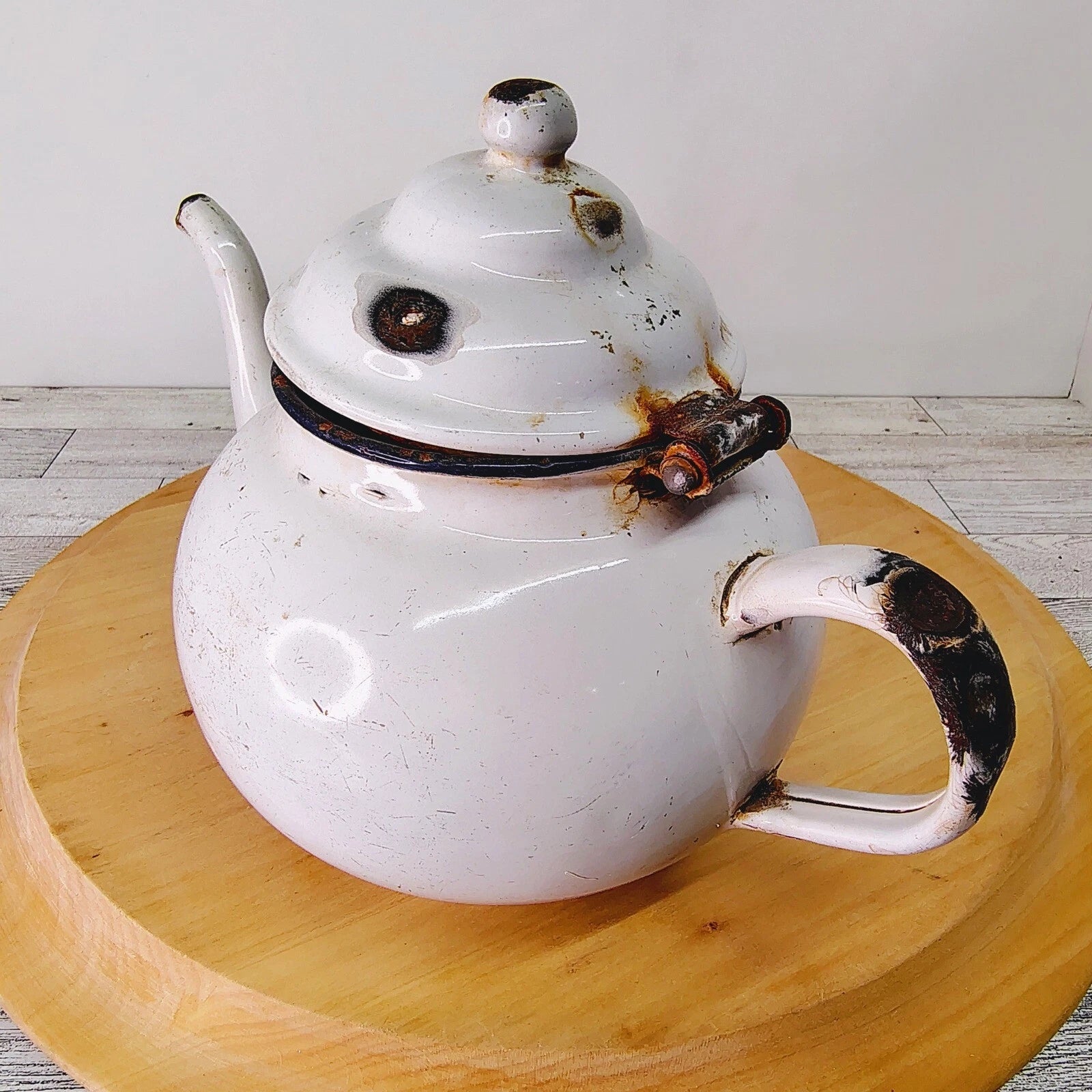 Vtg Enamelware Teapot Kettle Farmhouse Decor Rustic Kitchen White Primitive