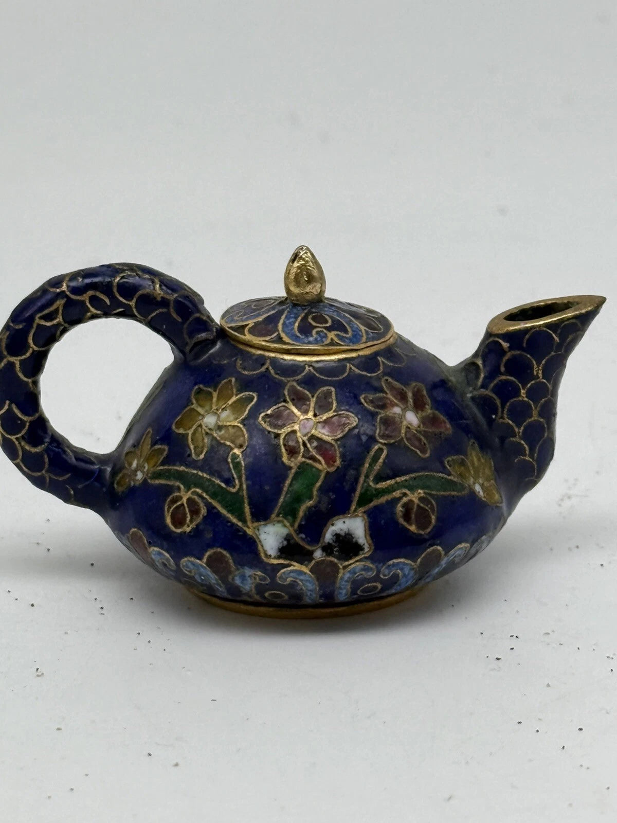 Mini Chinese Cloisonné Enameled Floral Glaze Cobalt Blue Teapot 2.75" L  1.5" H