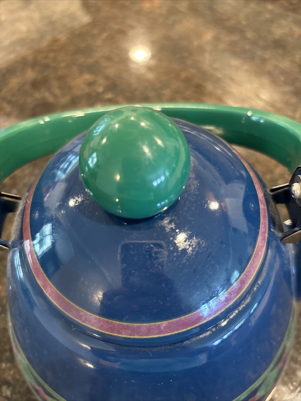 Phalzgraph Enamel Tea Pot 10" Tall 8" Diameter Blue with Green Diamonds