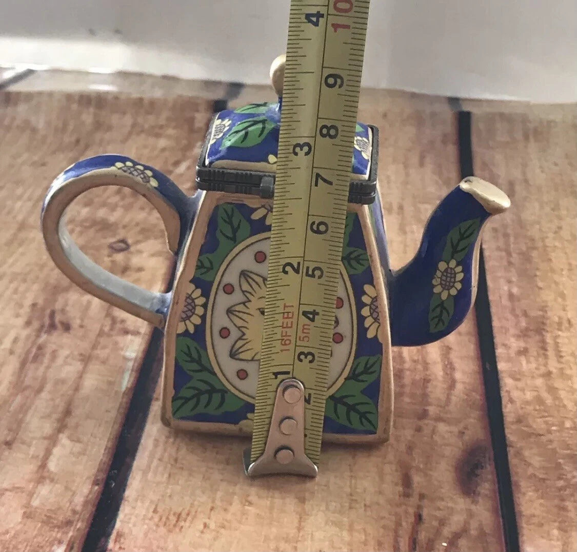 Miniature enamel teapot Sunface Yellow Sunflowers Porcelain 3.25H