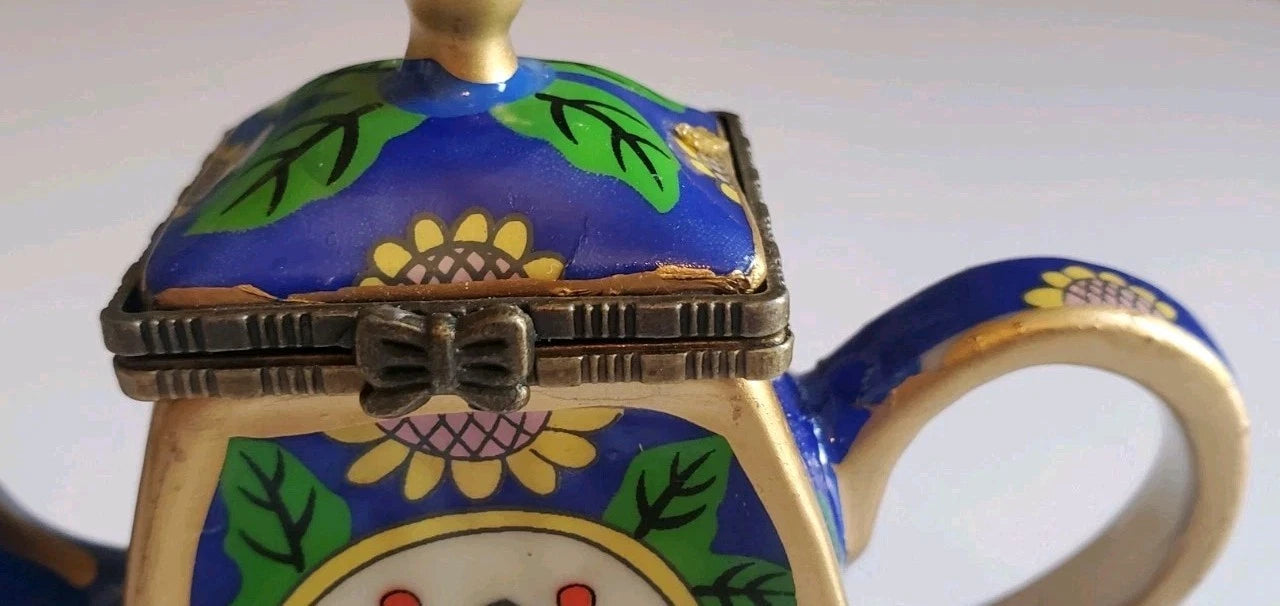 Minature Porcelain Sunflowers Blue, Yellow & Green Teapot "Friendship Trinket"