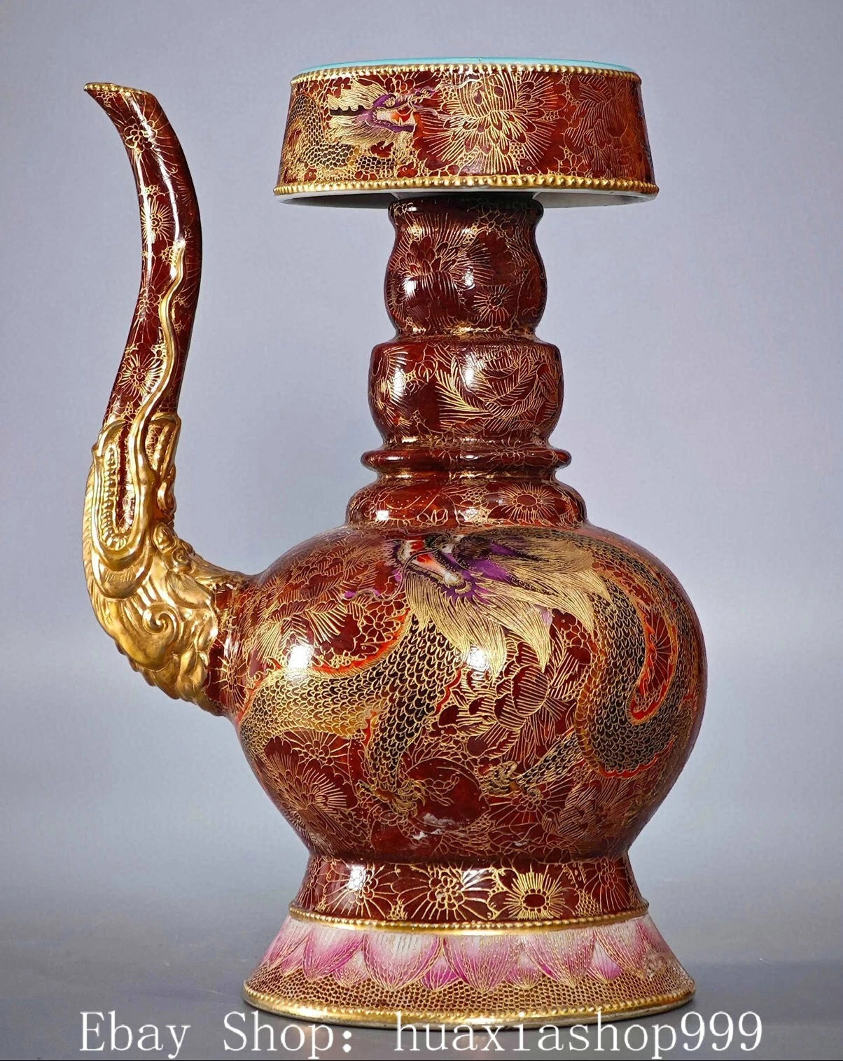Qianlong Dynasty Enamel Colour Porcelain Gilt Dragon Phoenix Wine Tea Pot Flagon