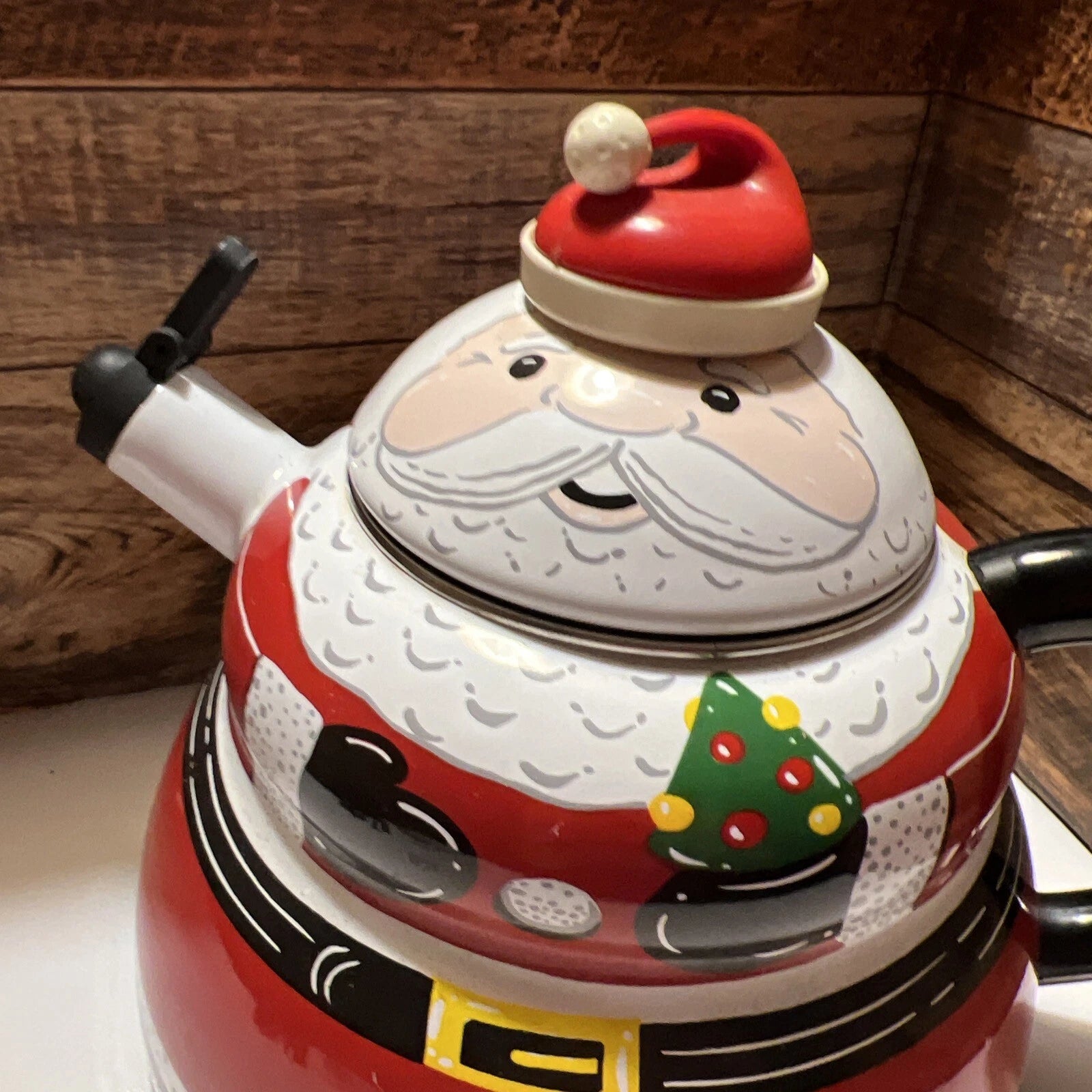 ROSHKO PORCELAIN Enamel on Steel Santa StoveTop Whistle Kettle Pot 3QT Christmas