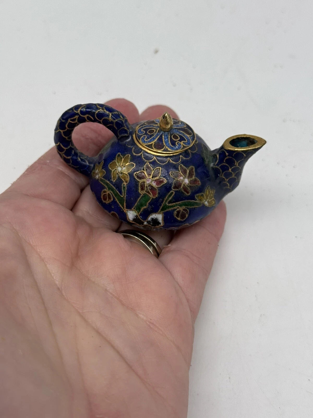 Mini Chinese Cloisonné Enameled Floral Glaze Cobalt Blue Teapot 2.75" L  1.5" H