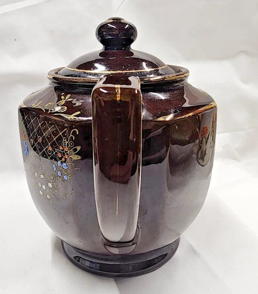 VTG Brown Betty Redware Teapot Moriage Enamel Hand Painted Made in Japan 6.5" H