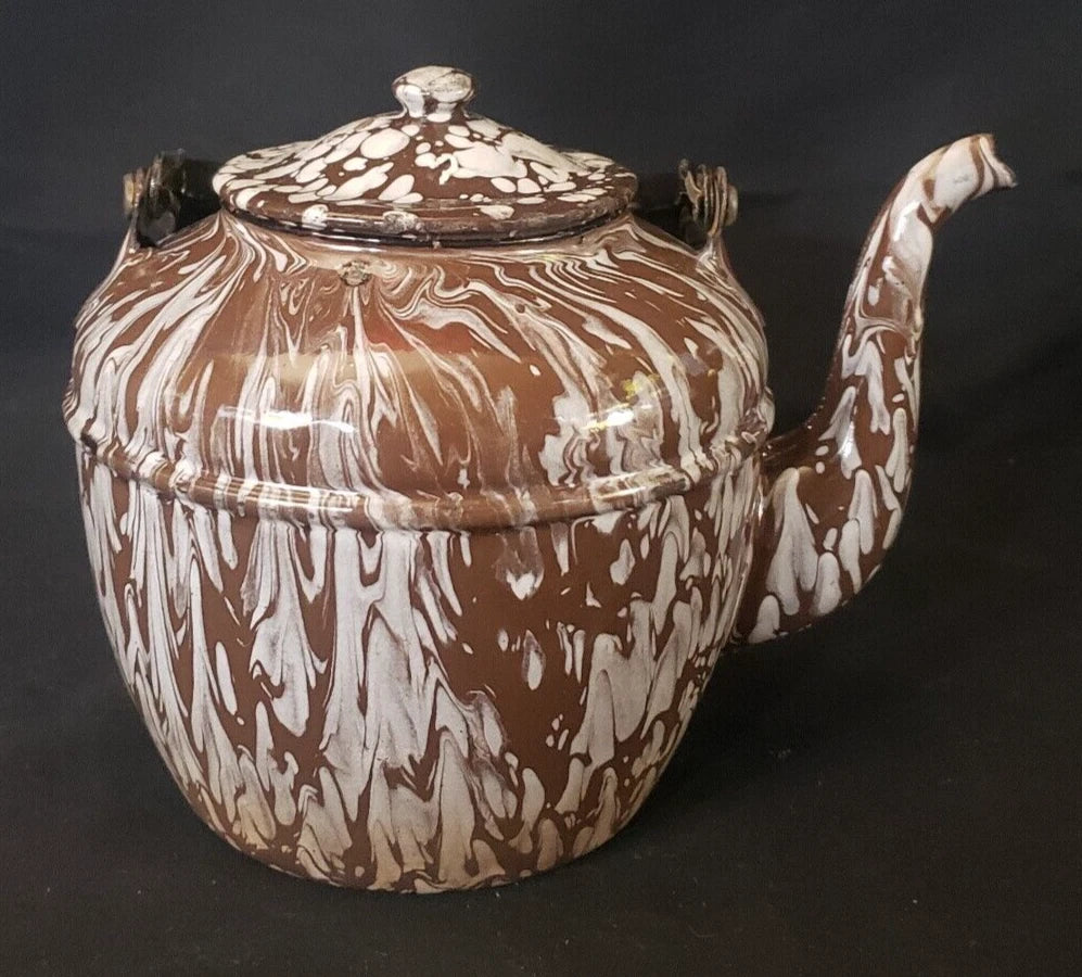 Rare Vintage Enameled Ware Brown / White Mottled Pattern Teapot