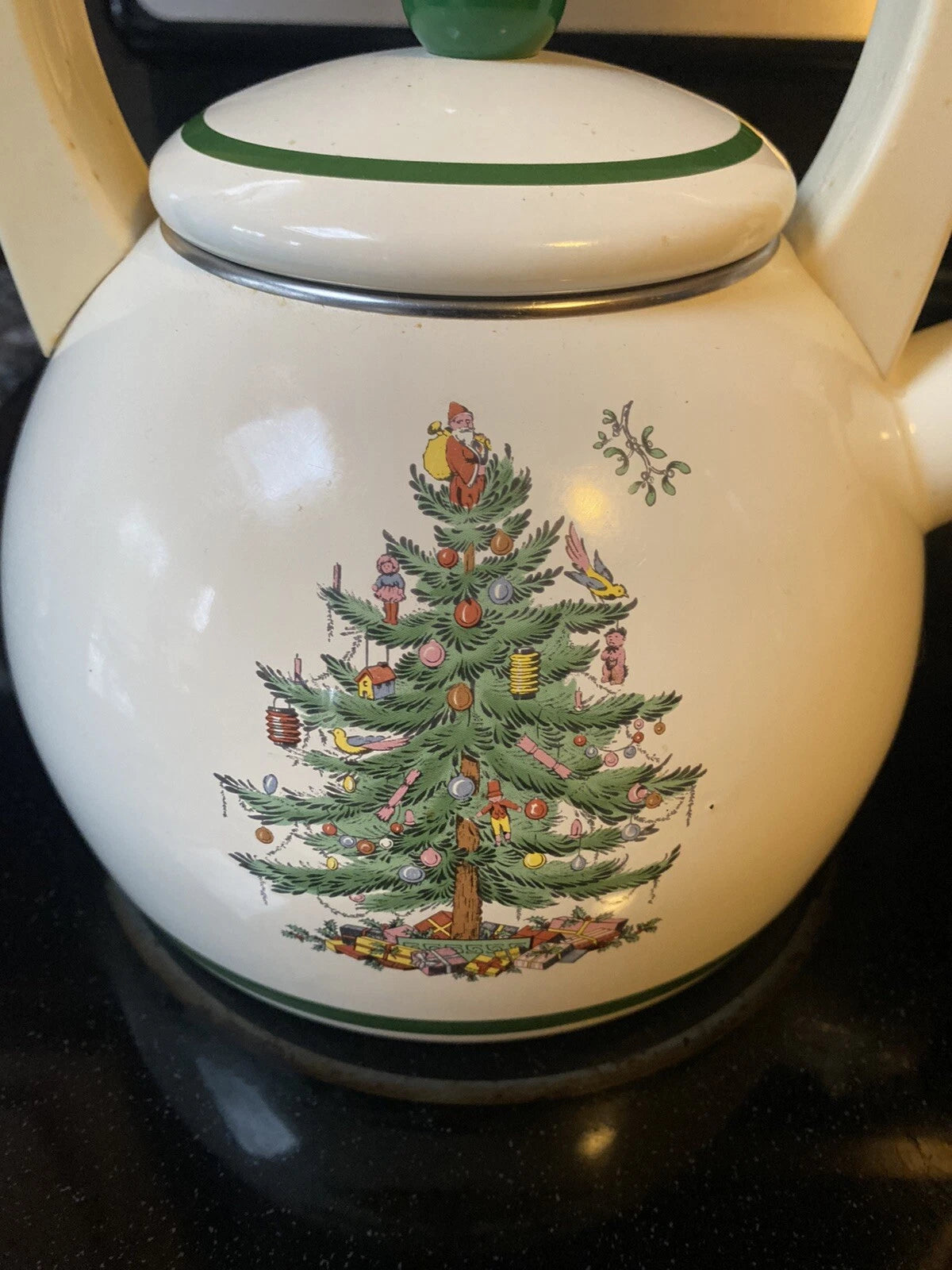 Vintage Spode Christmas Tree Whistling Tea Kettle Pot Porcelain Enamel 2.2 Quart