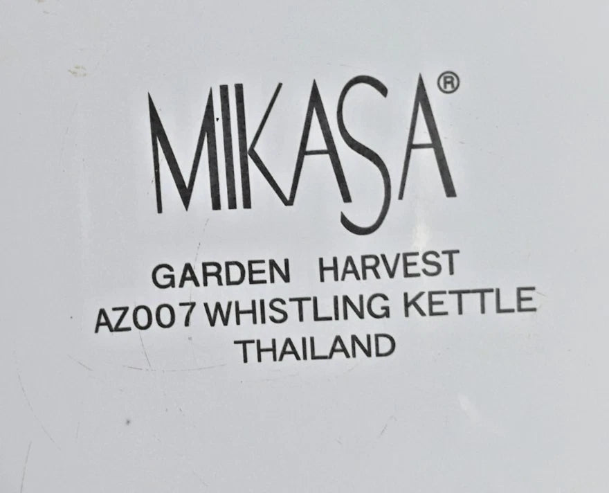 Vintage MIKASA Garden Harvest 2.5qt Whistling Tea Kettle Pot Stovetop Enamelware