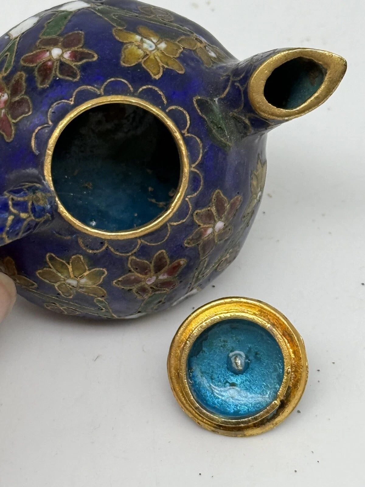 Mini Chinese Cloisonné Enameled Floral Glaze Cobalt Blue Teapot 2.75" L  1.5" H