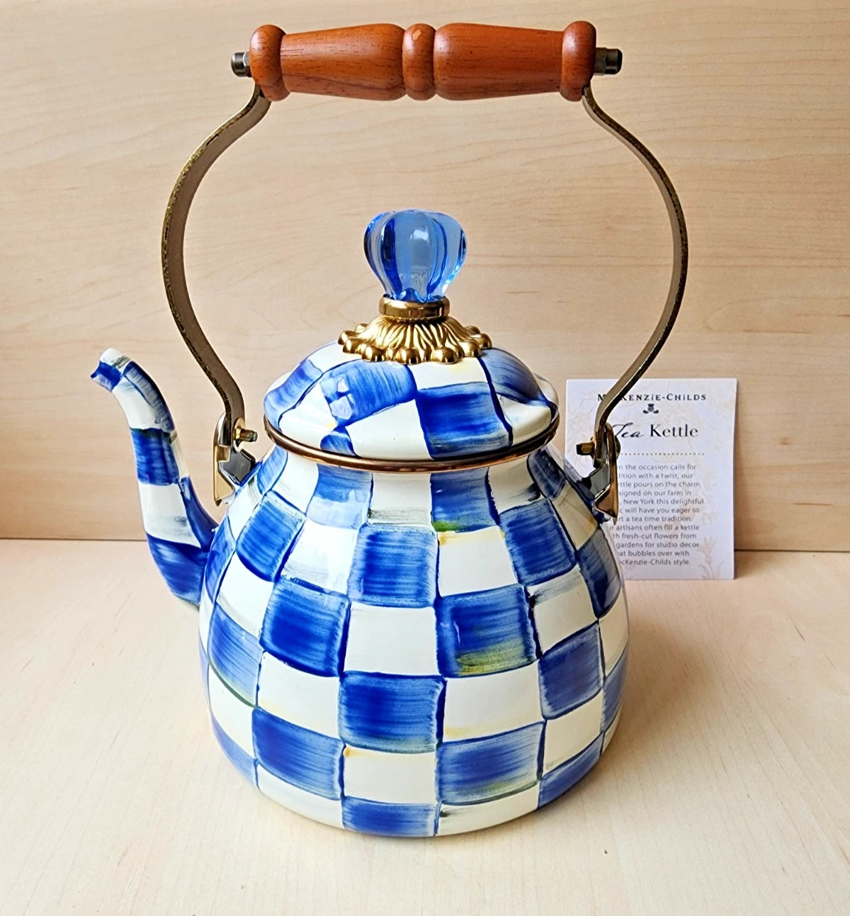 π Mackenzie Childs Blue Royal Check Enamel Tea Kettle Teapot - New