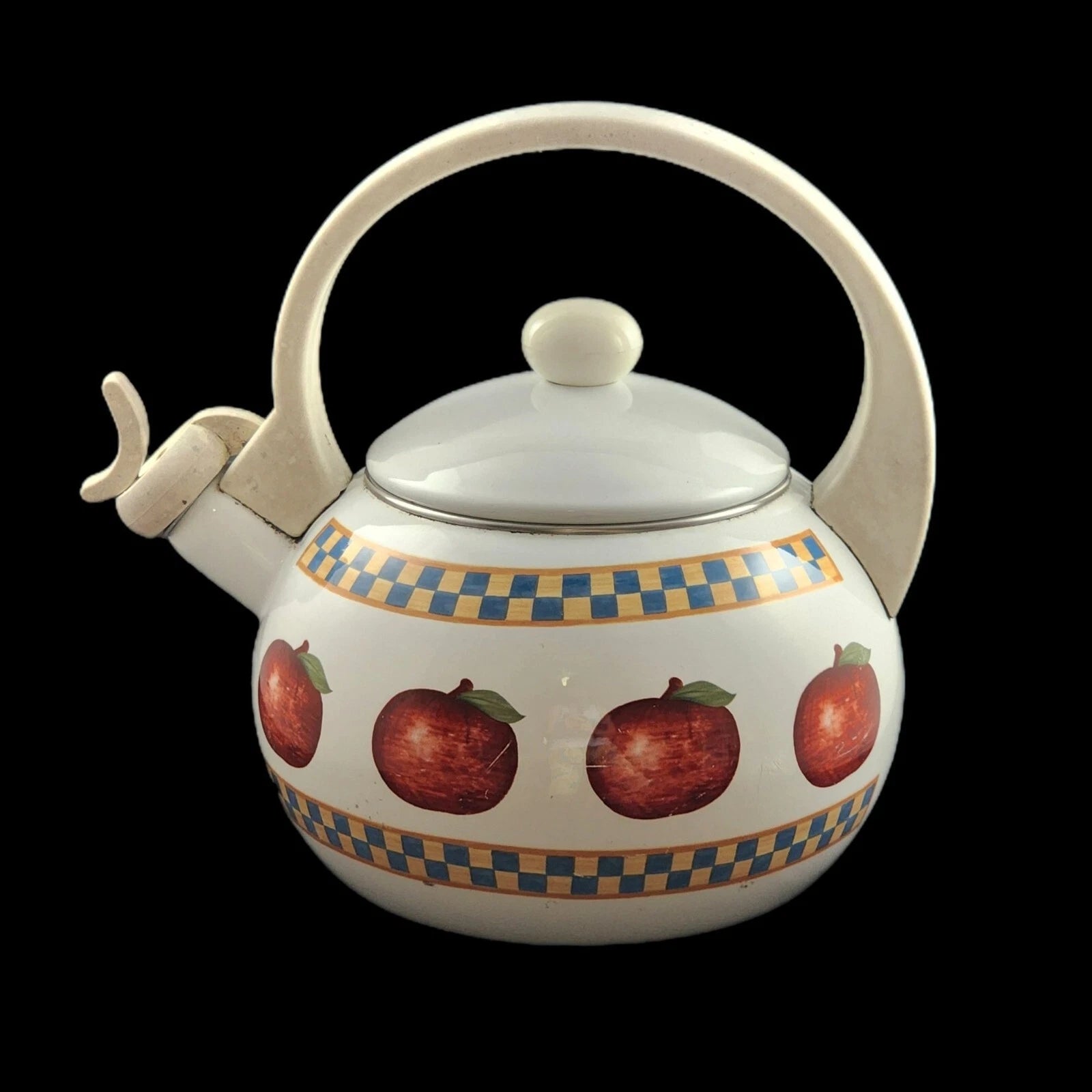 Vintage Enamel Tea Pot Country Orchard Farmhouse Apples Vtg Metal Kettle Teapot