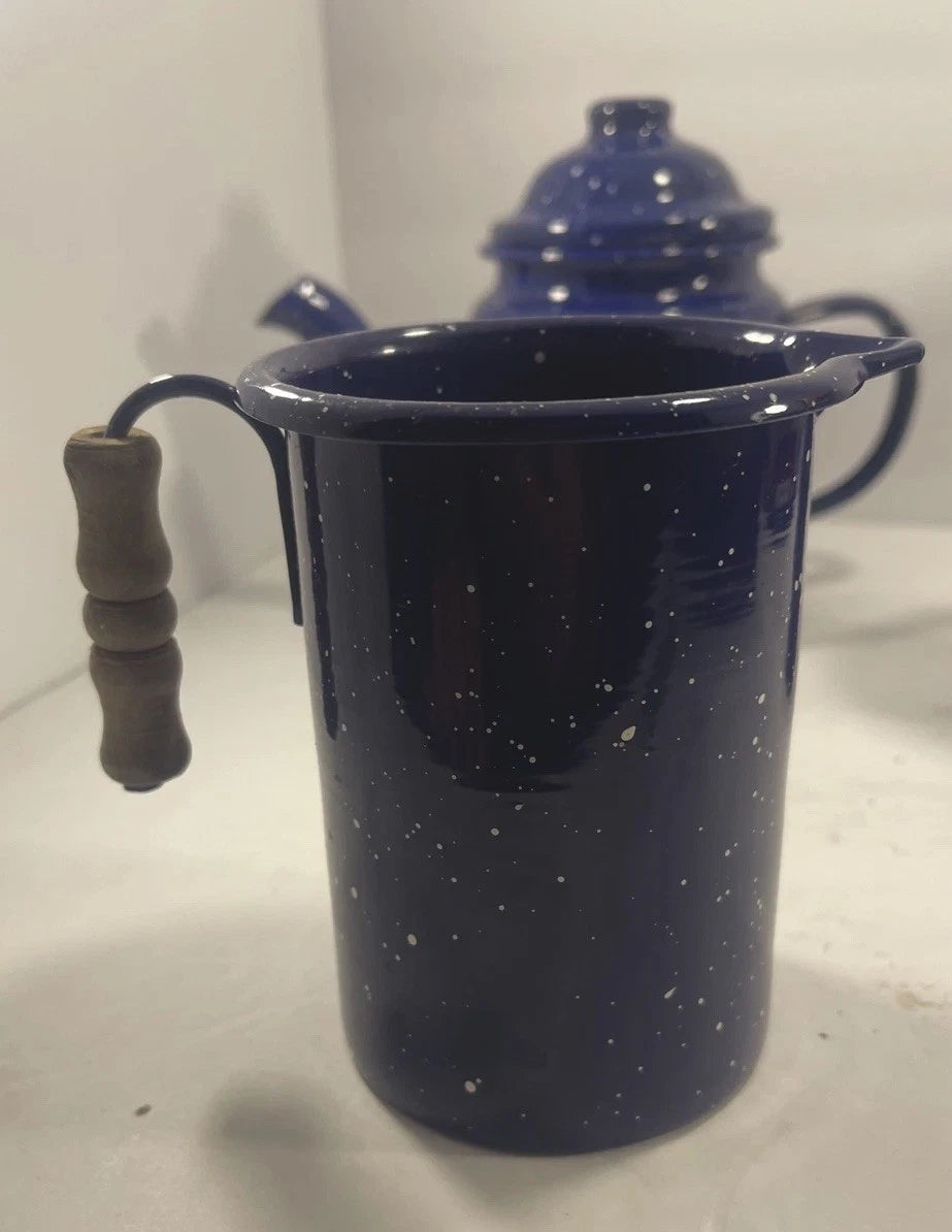 Enamelware Speckled Blue Tea Pot Kettle, Cup And Small Picher