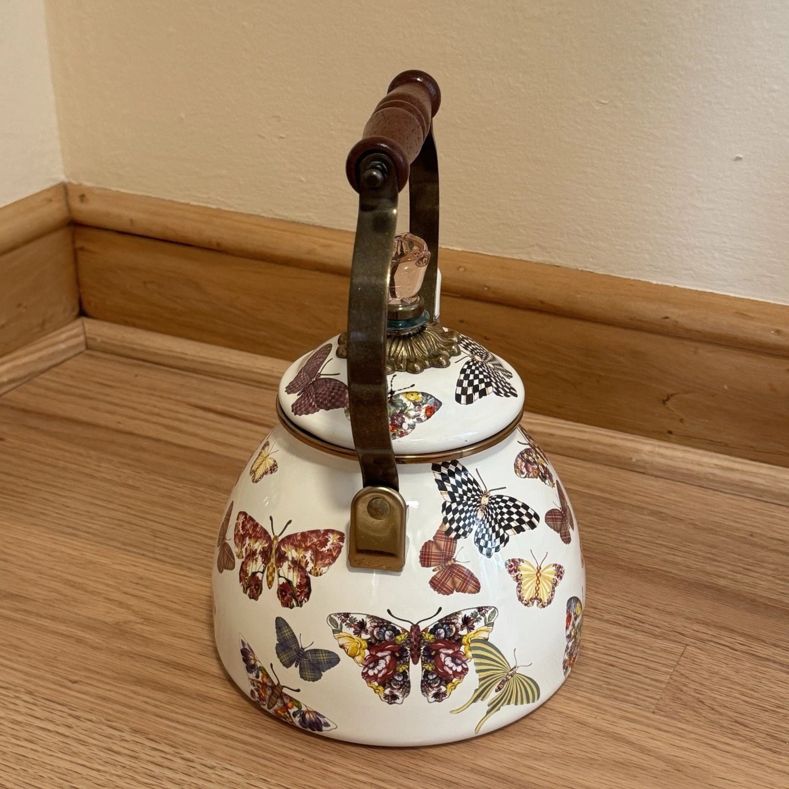 MacKenzie Childs Butterfly Garden Courtly Check 3 qt Enamel Teapot Tea Kettle
