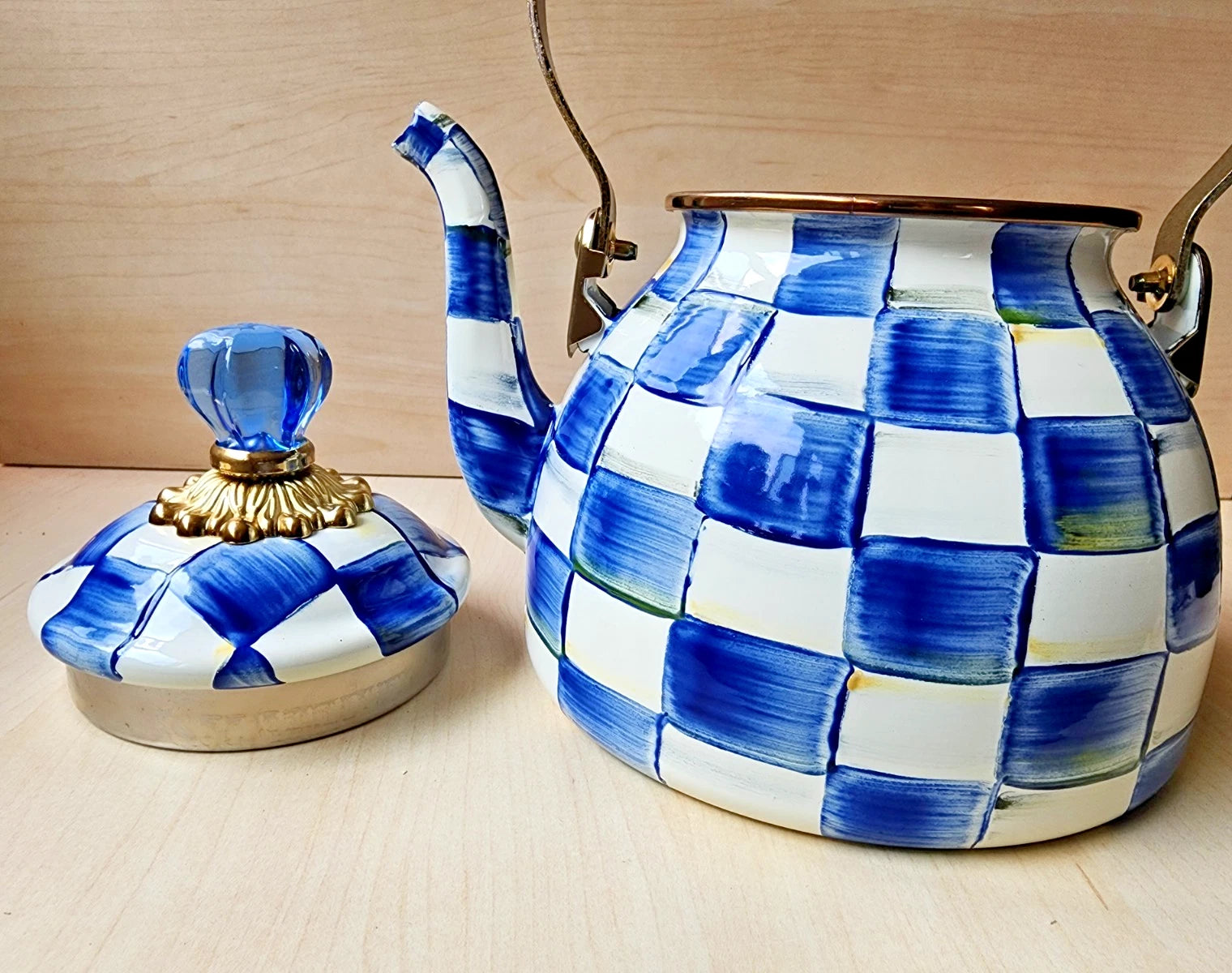 π Mackenzie Childs Blue Royal Check Enamel Tea Kettle Teapot - New