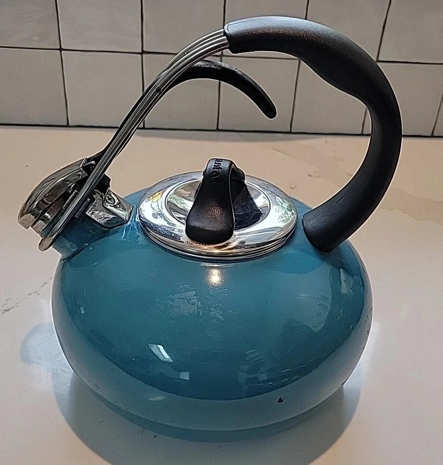 VTG Chantal Aquamarine Blue Turquoise Enamel on Steel Whistling Tea Pot Kettle