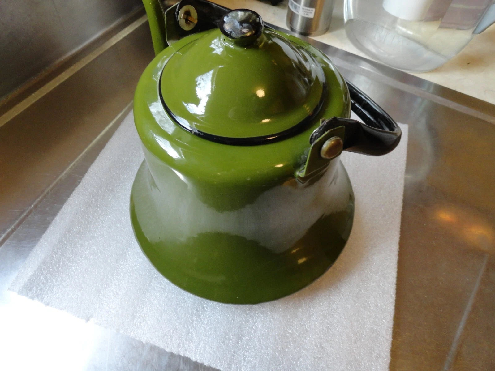 Vintage Green Enamel W/ Black Bail  Handle Made In Japan Teapot
