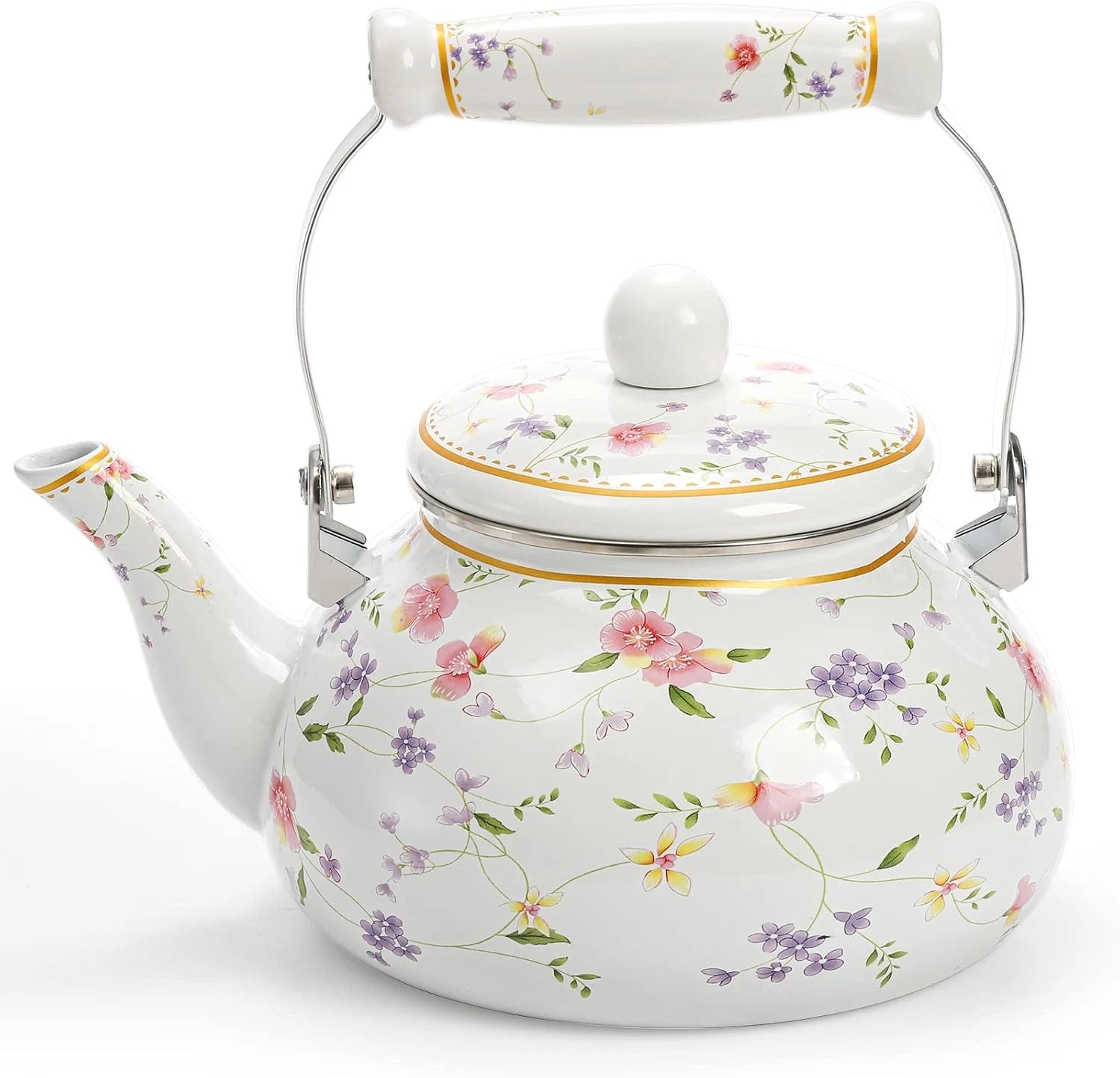 Vintage Enamel Tea Kettle, 2.6 Quart Floral Enamel Water Kettle Teapot with Porc