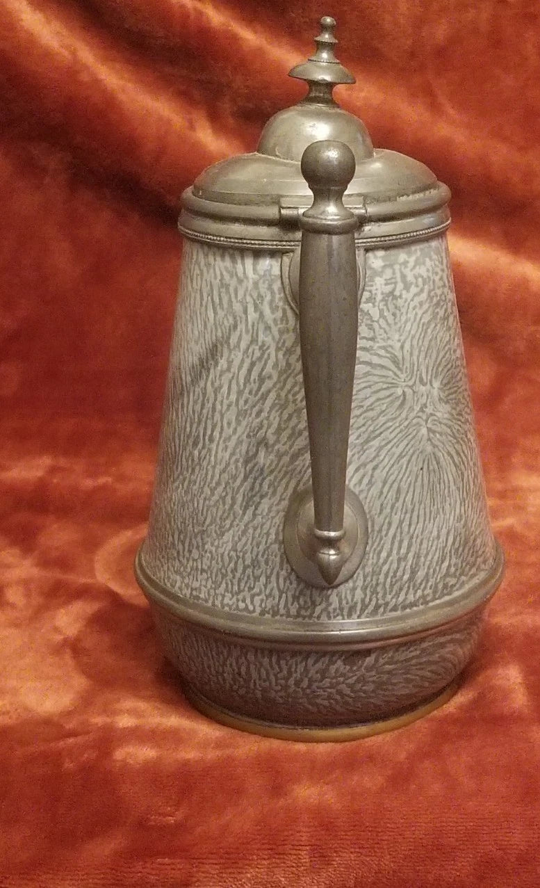 Early (1890 - 1905) Pewter-Trimmed Grey Graniteware Teapot - Enamel Ware Antique