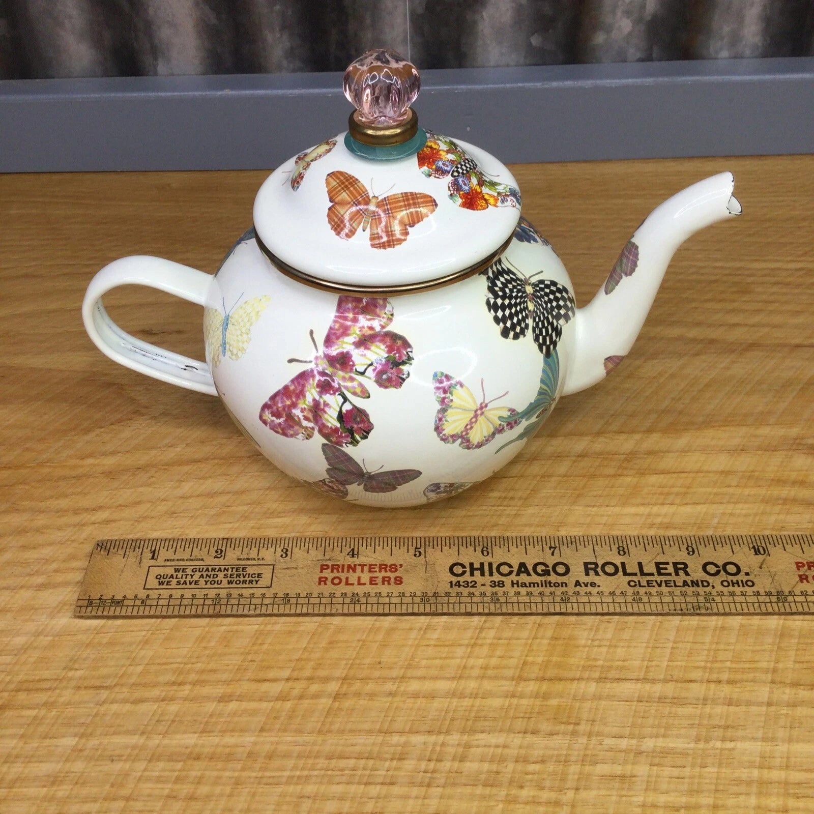 MacKenzie Childs Butterfly Garden White 4 Cup Enamel Teapot Kettle Small Retired