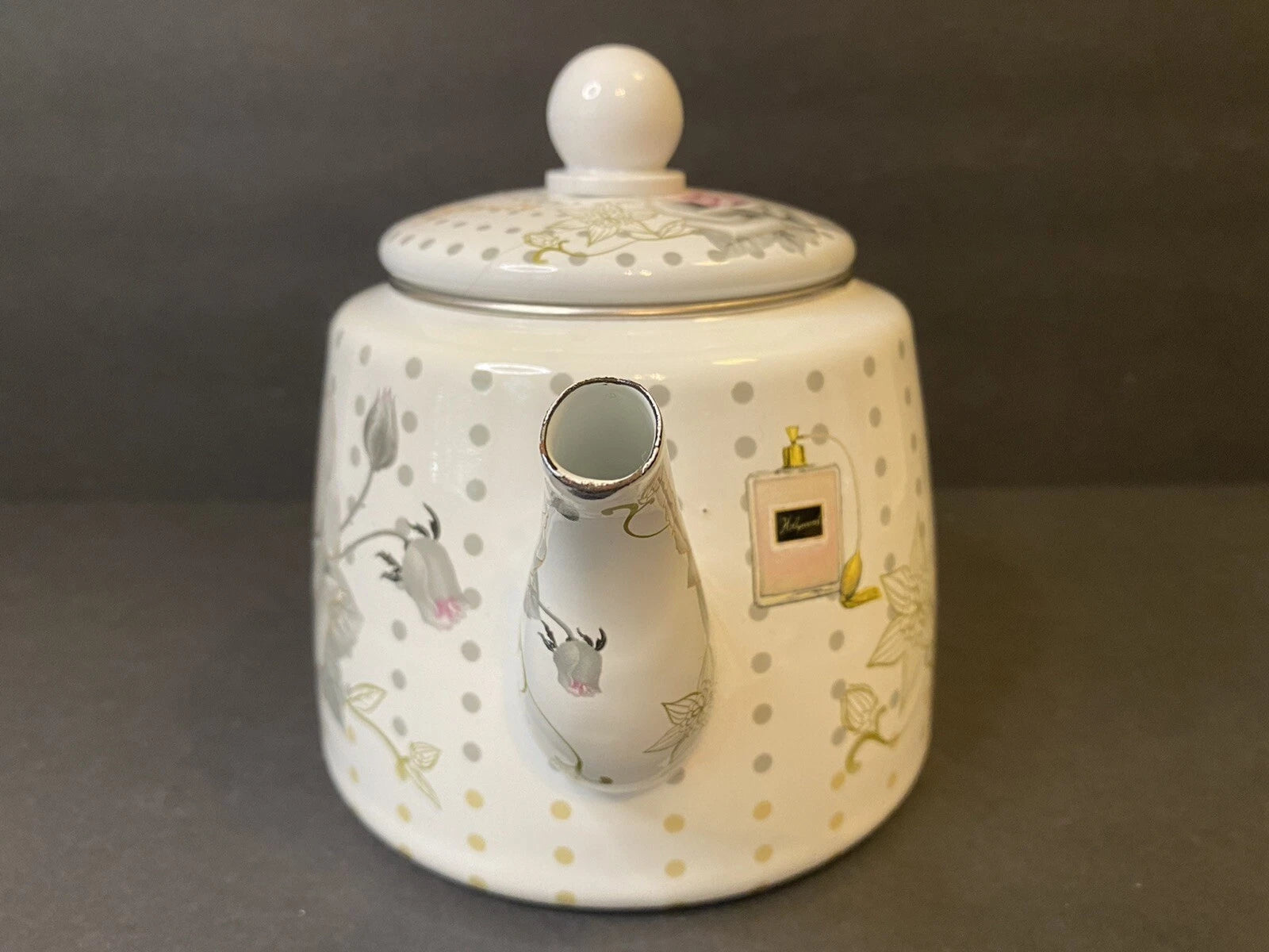 Elegance Enamel Kettle Teapot Handle Pink Rose Perfume Pattern
