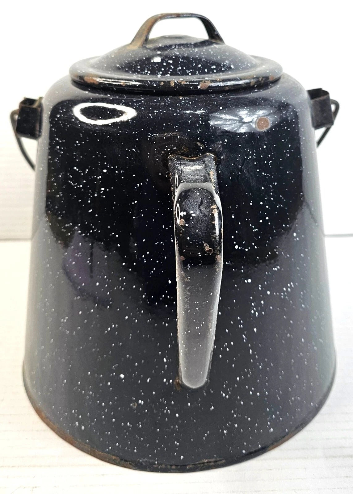 Vintage Black Enamelware Coffee Pot With Speckled Design Lid Camping Tea Kettle