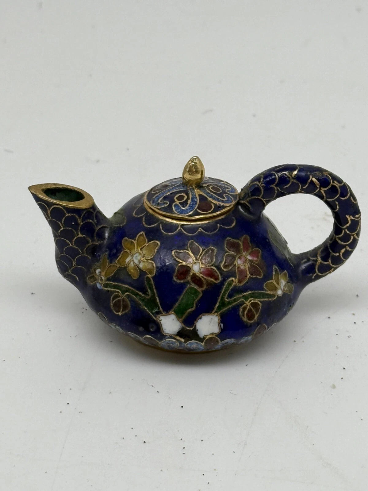 Mini Chinese Cloisonné Enameled Floral Glaze Cobalt Blue Teapot 2.75" L  1.5" H