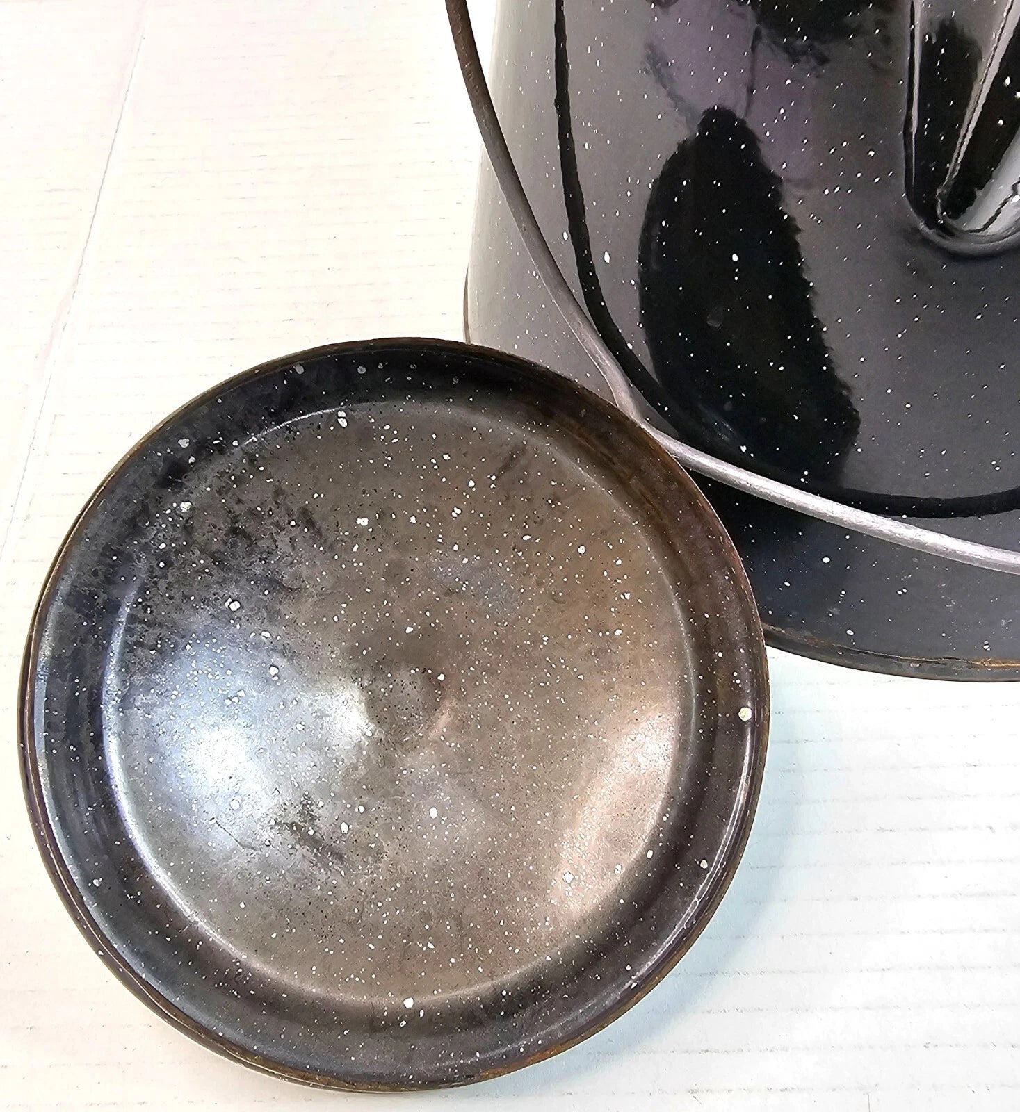 Vintage Black Enamelware Coffee Pot With Speckled Design Lid Camping Tea Kettle