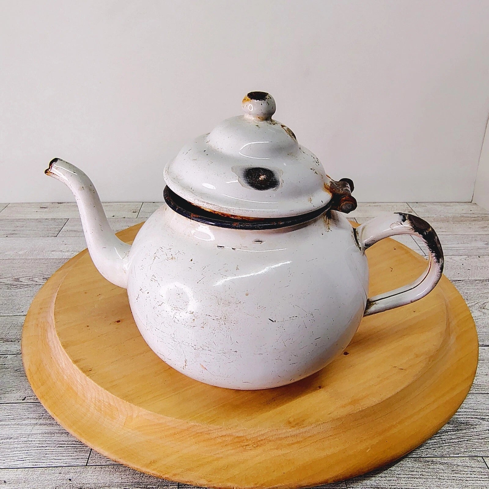 Vtg Enamelware Teapot Kettle Farmhouse Decor Rustic Kitchen White Primitive