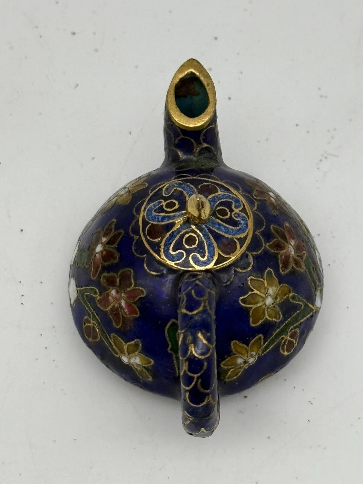 Mini Chinese Cloisonné Enameled Floral Glaze Cobalt Blue Teapot 2.75" L  1.5" H