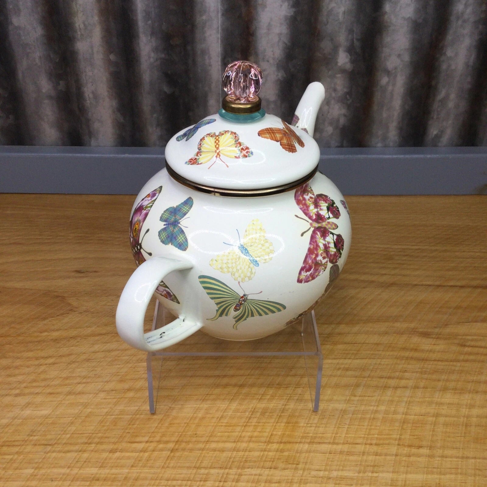 MacKenzie Childs Butterfly Garden White 4 Cup Enamel Teapot Kettle Small Retired