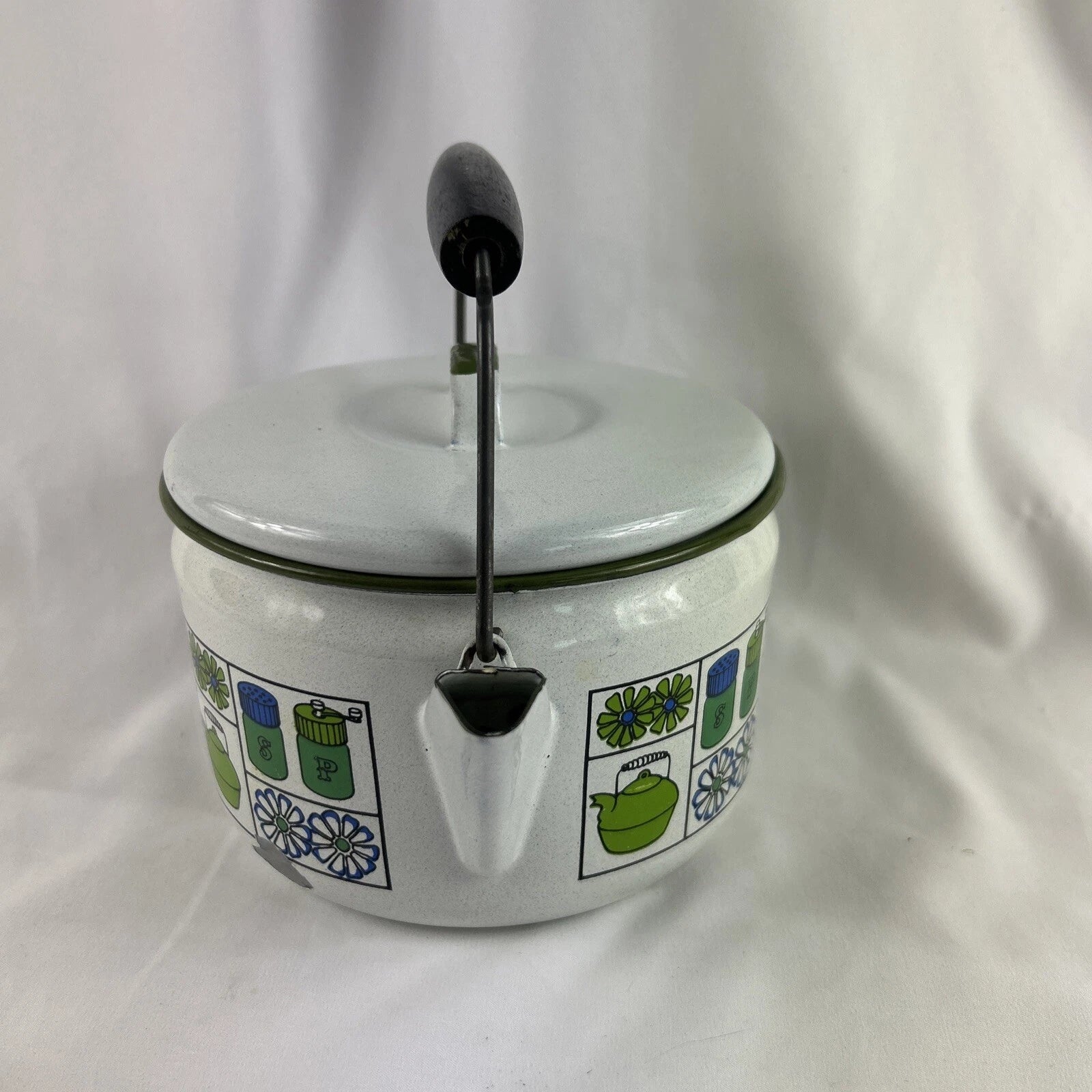 White Enamel Metal Tea Pot Kettle Wood Handle Blue Green Kitchen Retro