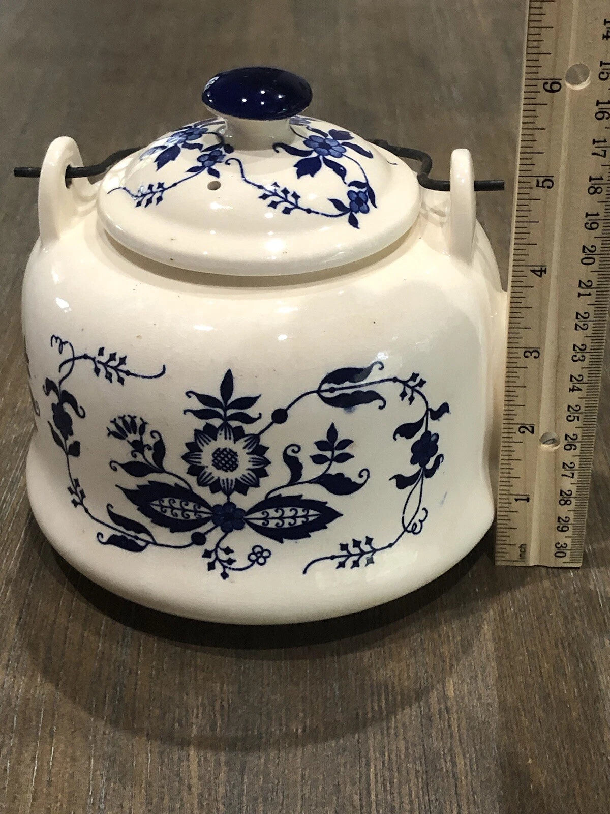 Vntg Japan Blue Onion Porcelain Enamel Ware Teakettle W/Wire Metal HandleVGUC