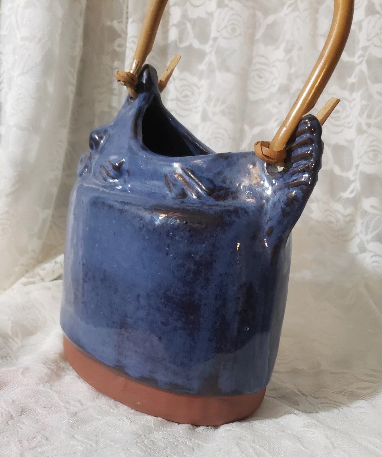 RARE VINTAGE SIGNED THORA OVENWARE BLUE FISH TEAPOT ENAMEL GLAZED TERRA COTTA