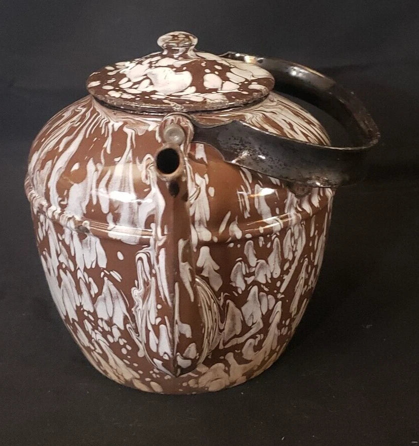 Rare Vintage Enameled Ware Brown / White Mottled Pattern Teapot