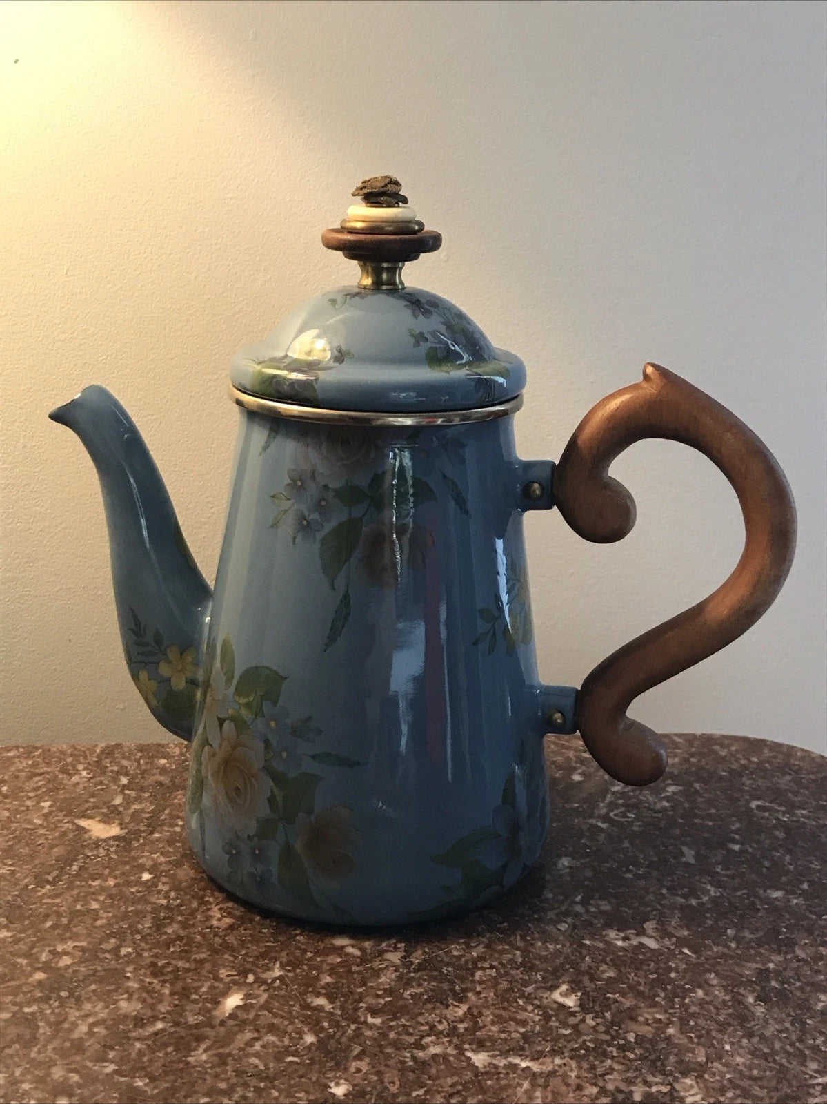 Mackenzie Childs 1983 Victoria Richard Blue Floral Enamel Coffee Tea Pot 8”