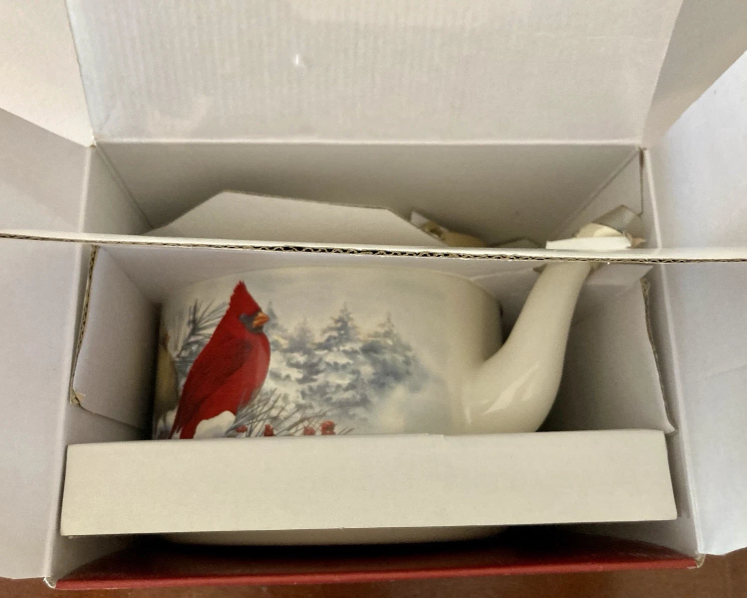 Lenox Winter Greetings Scenic Tea Kettle Enamel Cardinals NEW IN BOX!