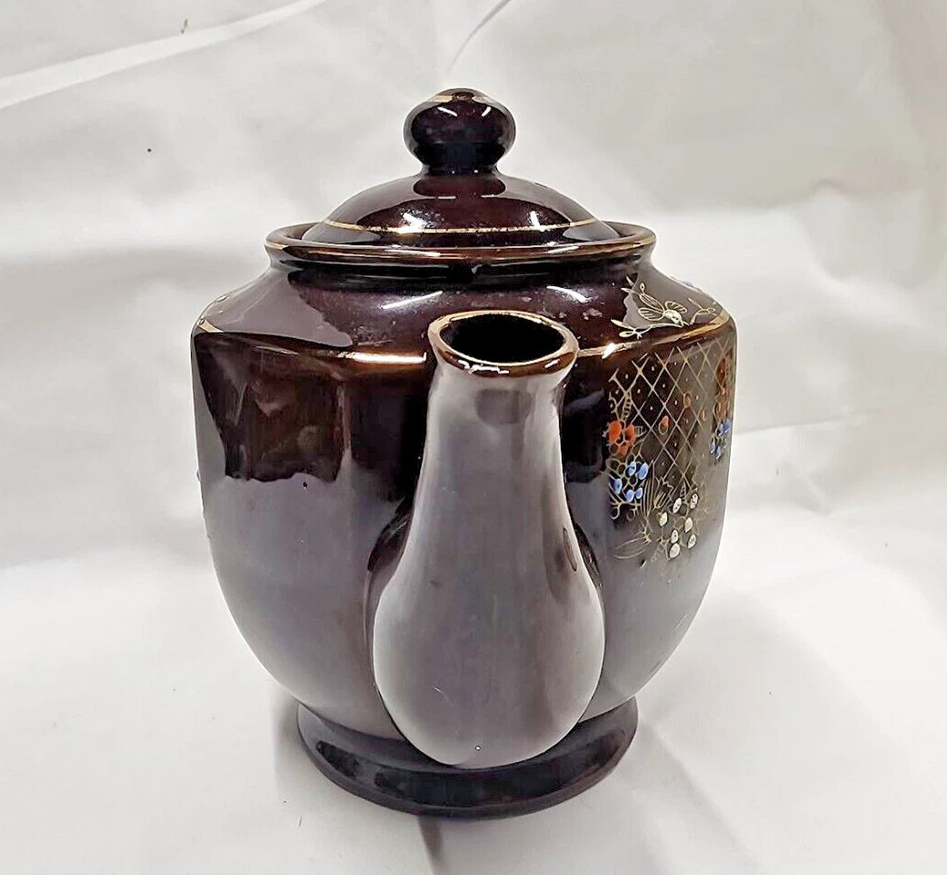 VTG Brown Betty Redware Teapot Moriage Enamel Hand Painted Made in Japan 6.5" H