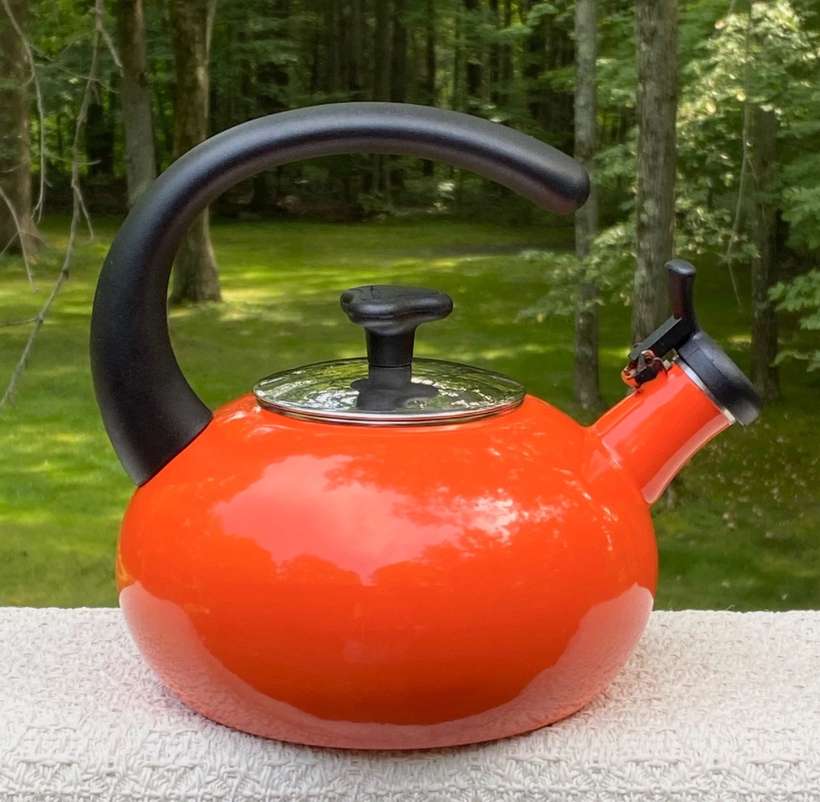 Rachael Ray Orange Enamel Whistling Tea Kettle 1.5 Quart Large Top Handle