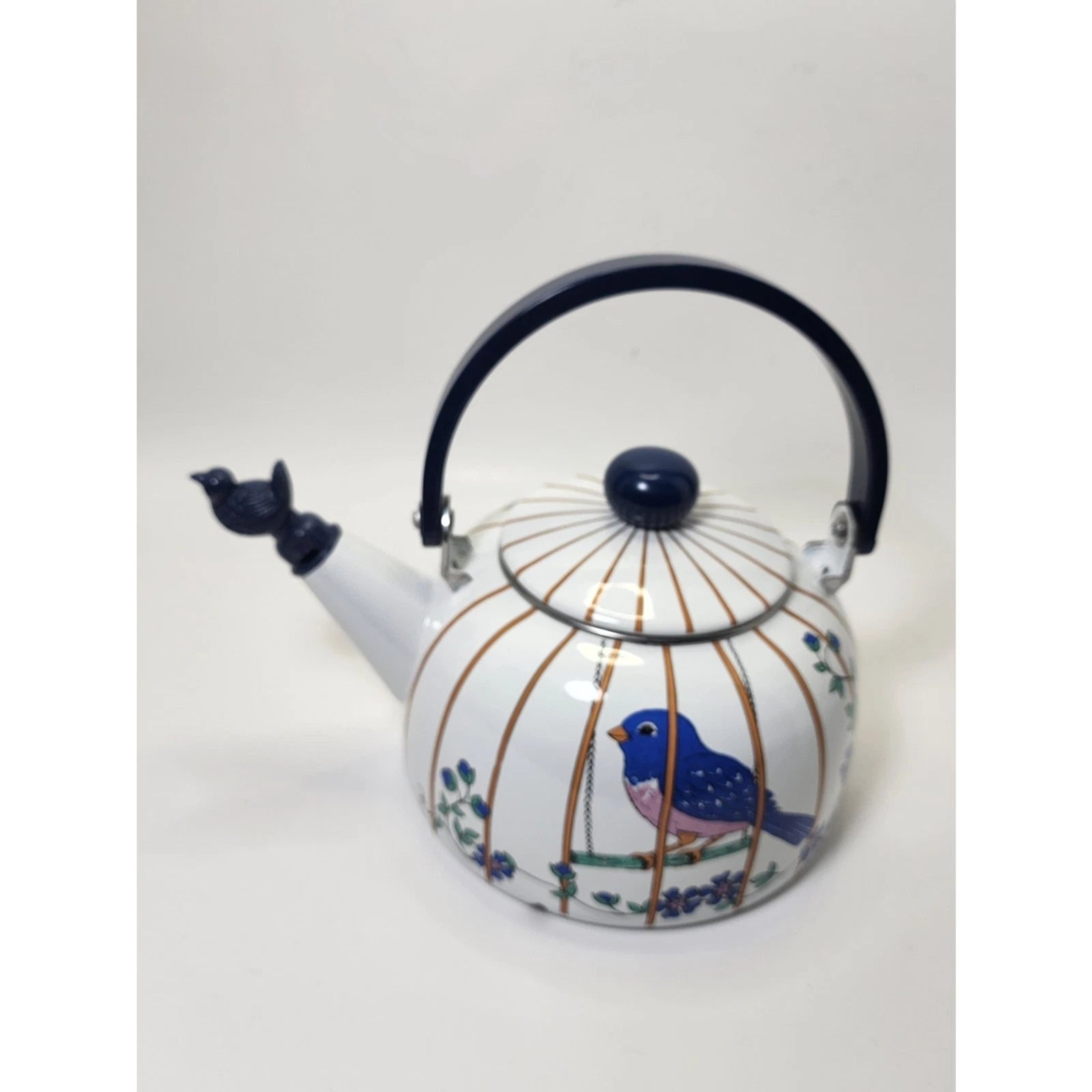 VINTAGE WHITE ENAMEL COFFEE / TEA POT Blue Bird In A Cage.