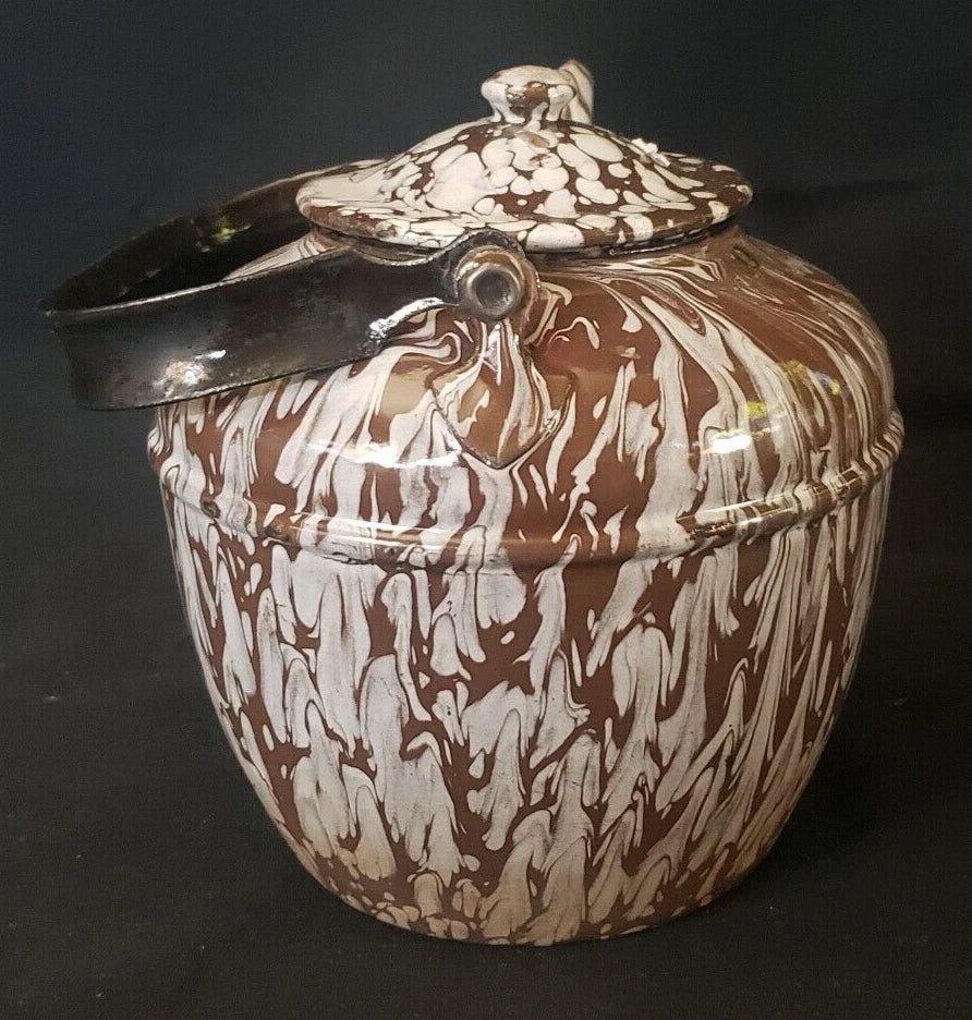 Rare Vintage Enameled Ware Brown / White Mottled Pattern Teapot