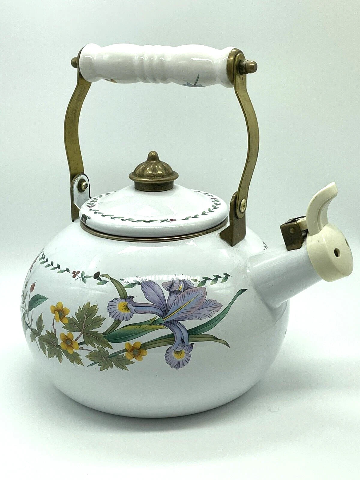 VTG MIKASA ENAMELED METAL TEA POT KETTLE FLOWERS BRASS KW001 SUMMER SYMPHONY