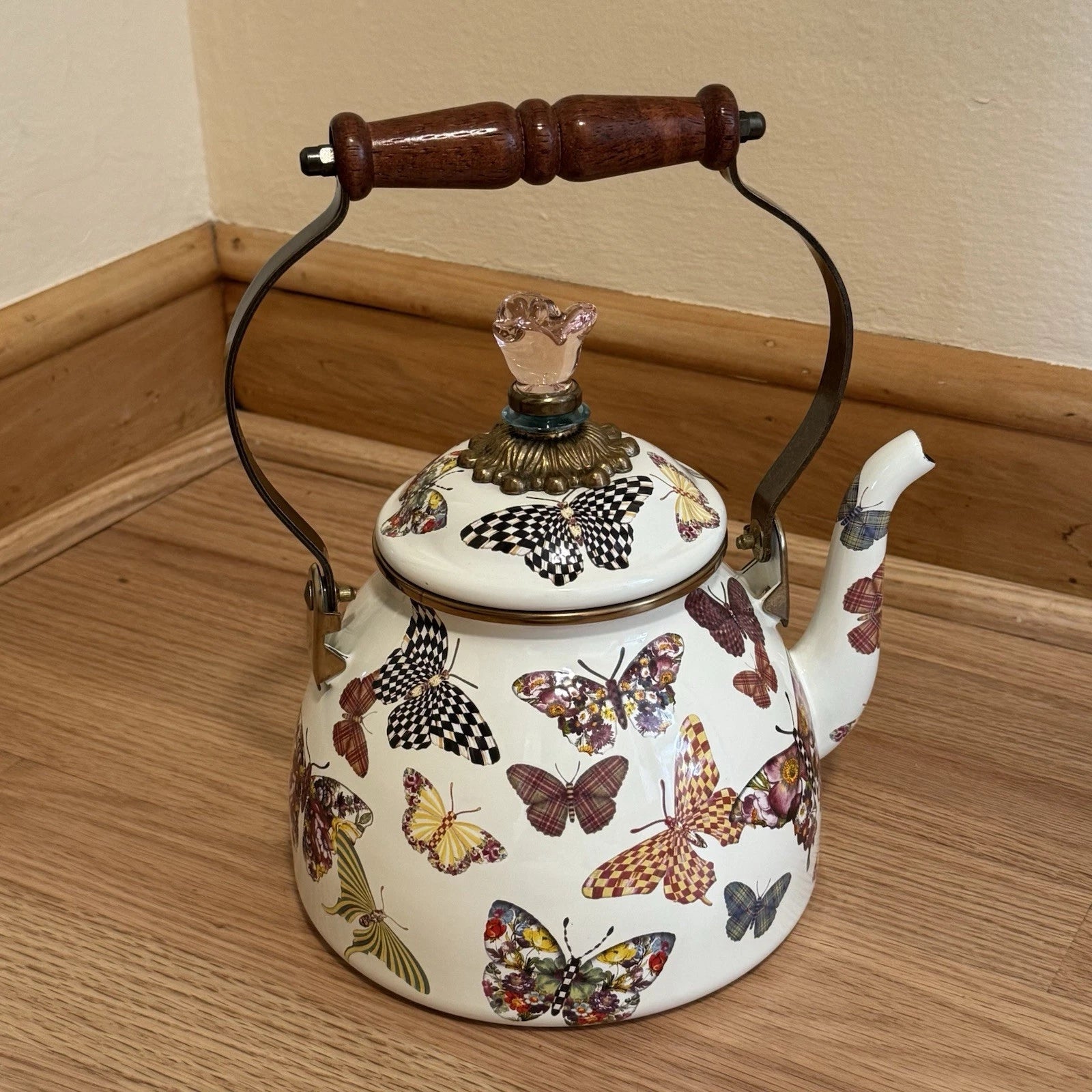 MacKenzie Childs Butterfly Garden Courtly Check 3 qt Enamel Teapot Tea Kettle