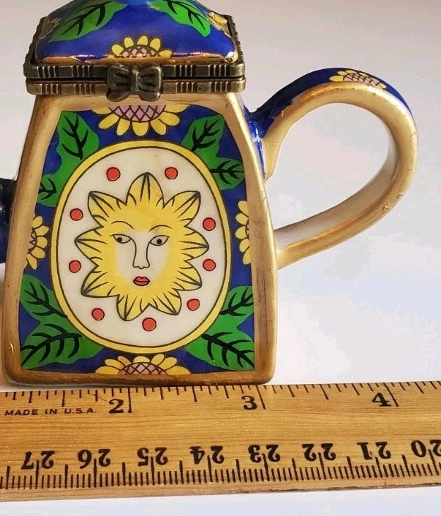 Minature Porcelain Sunflowers Blue, Yellow & Green Teapot "Friendship Trinket"