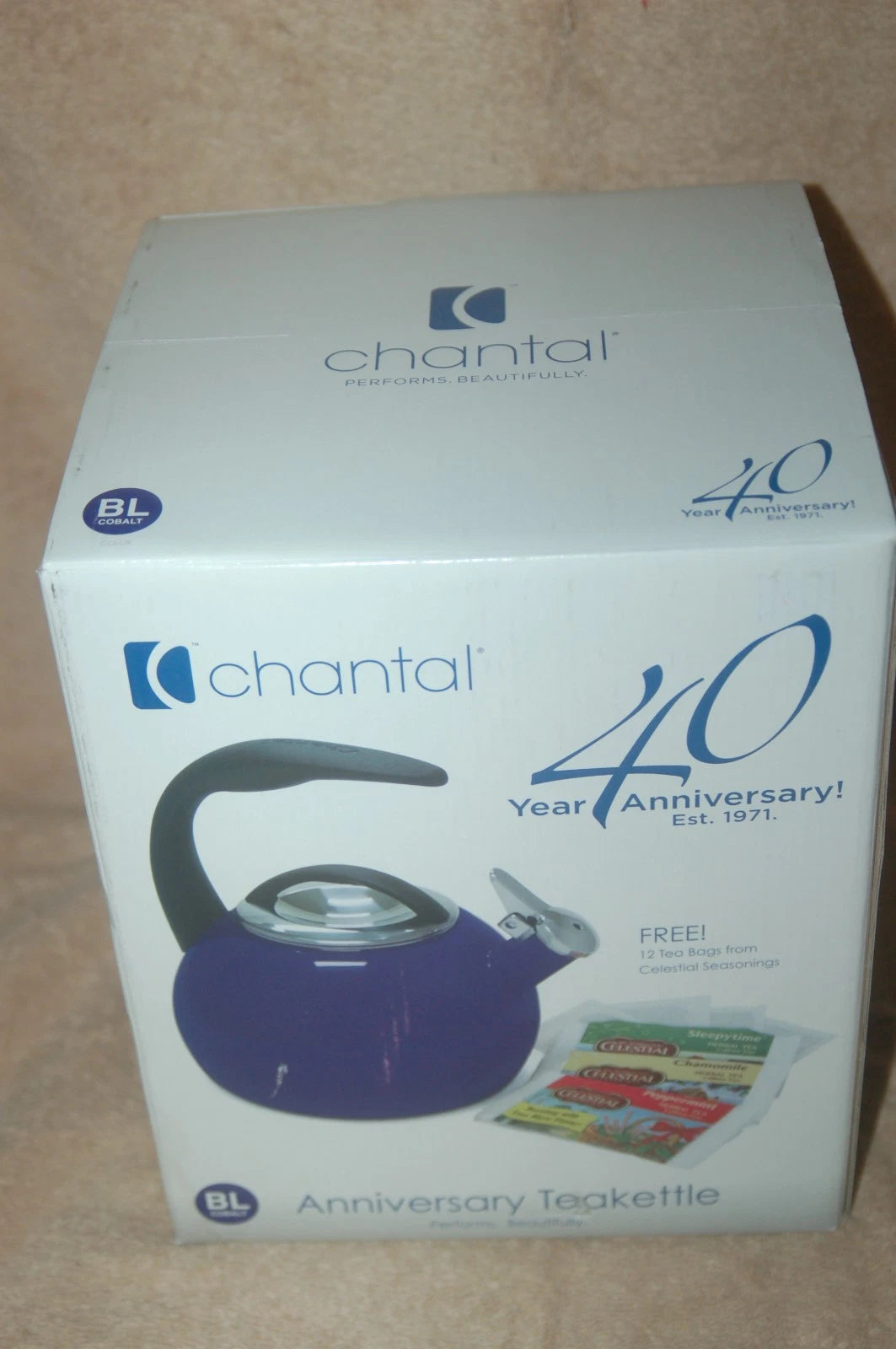 Chantal Enamel On Steel Whistling Teakettle Cobalt Navy Blue New in Open Box 2qt