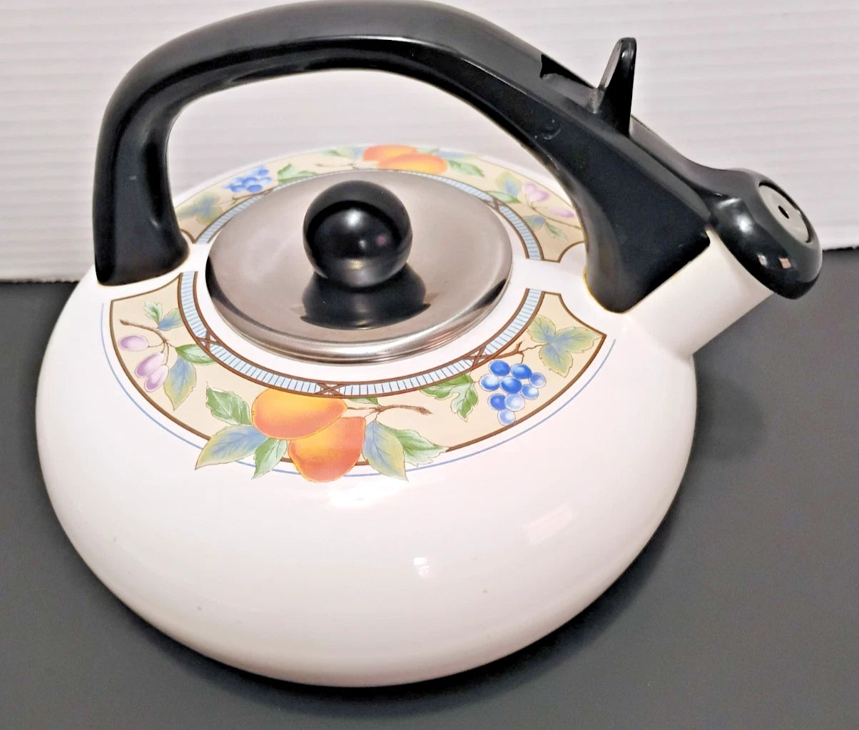 Vintage MIKASA Garden Harvest 2.5qt Whistling Tea Kettle Pot Stovetop Enamelware