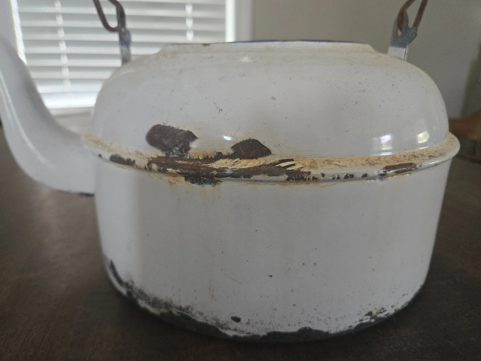 ENAMEL White Antique Tea Kettle Pot Wood Handle-No Lid