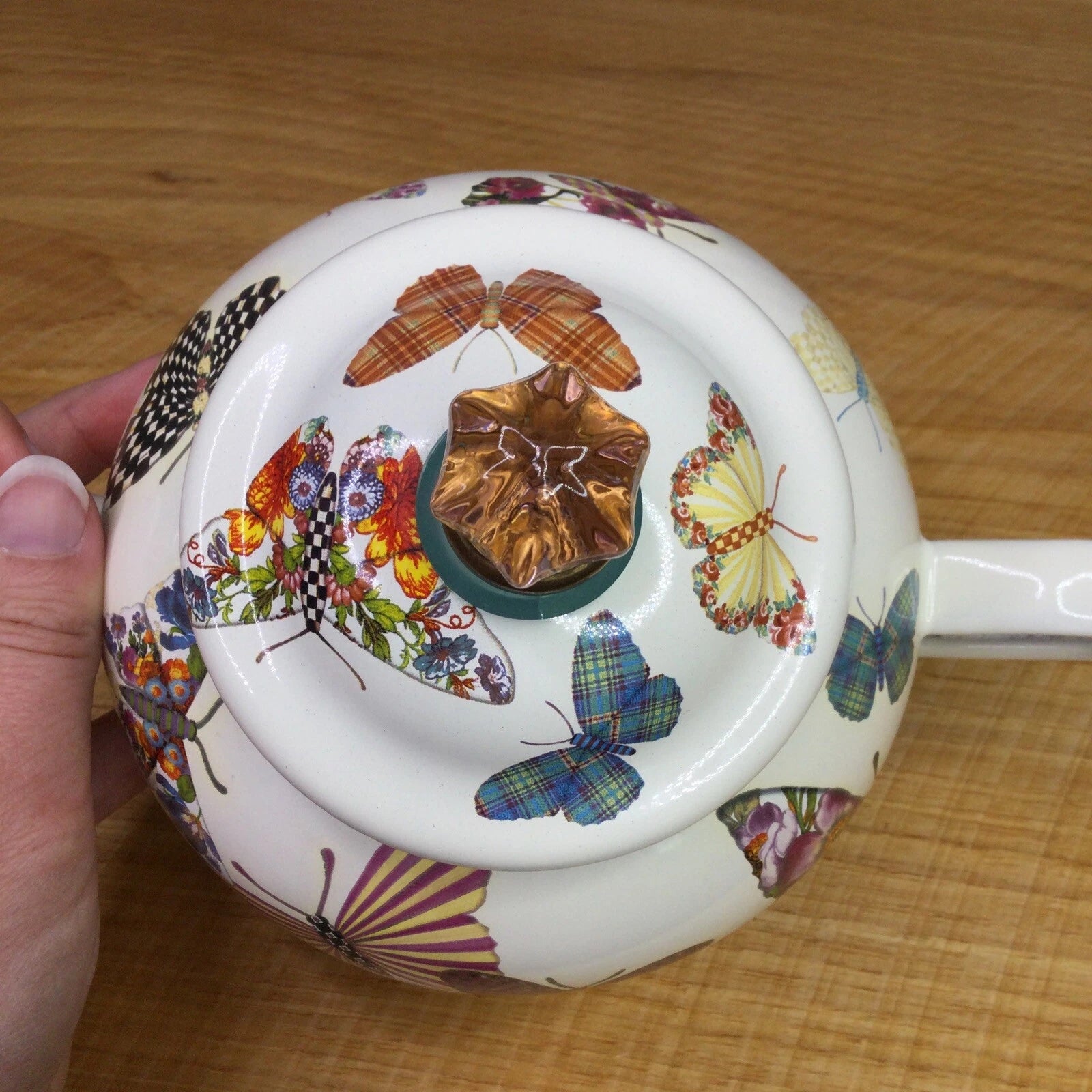 MacKenzie Childs Butterfly Garden White 4 Cup Enamel Teapot Kettle Small Retired