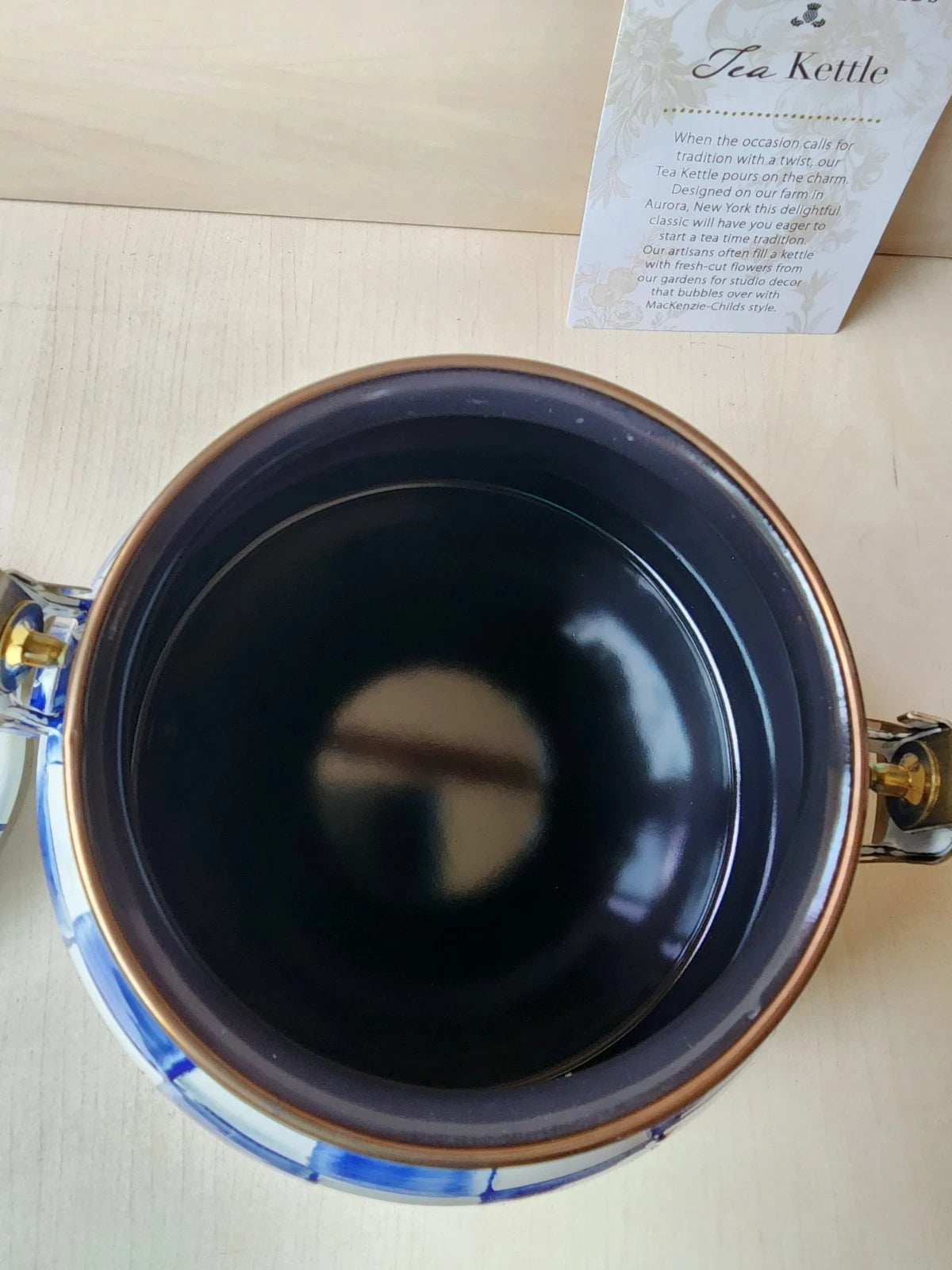 π Mackenzie Childs Blue Royal Check Enamel Tea Kettle Teapot - New