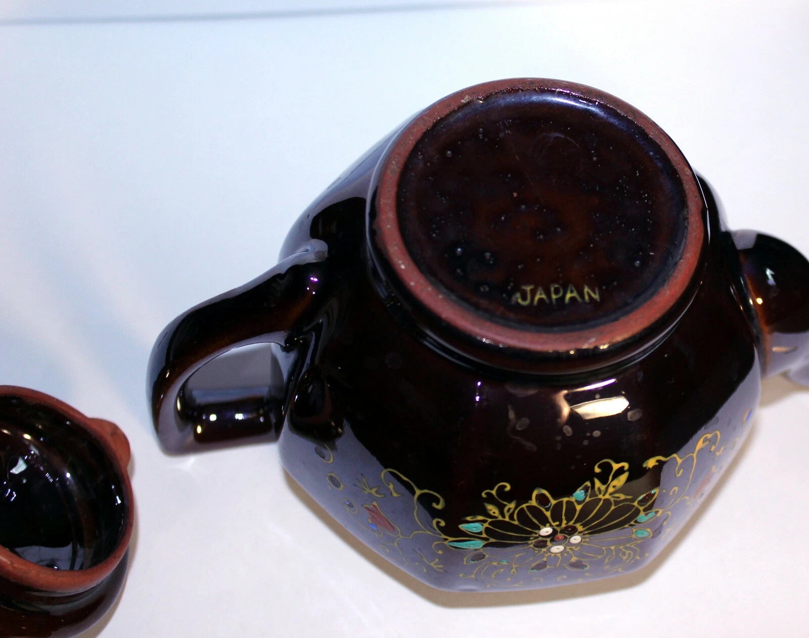Vintage Stoneware Teapot, Brown Raised Enamel Paint Teapot, Japan