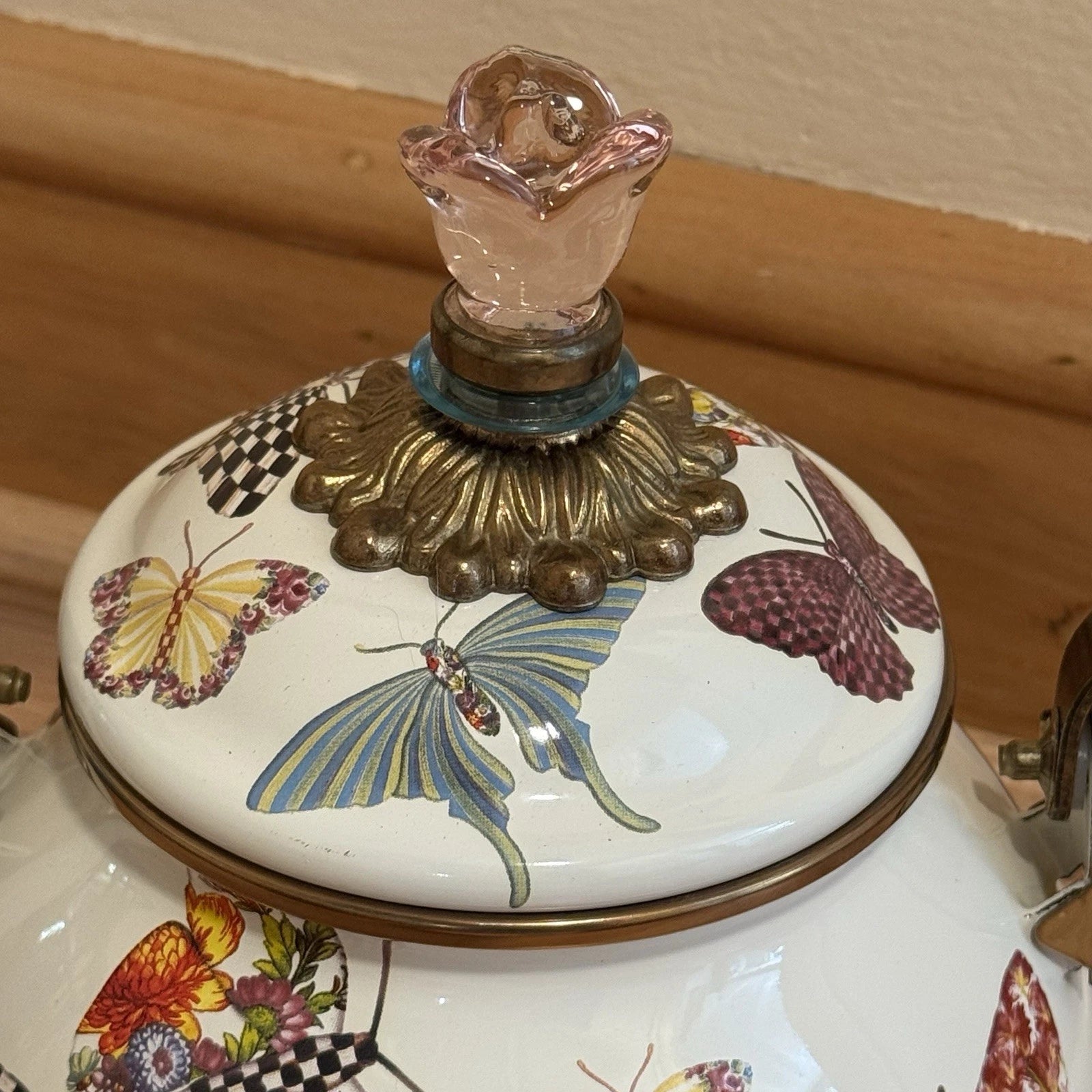 MacKenzie Childs Butterfly Garden Courtly Check 3 qt Enamel Teapot Tea Kettle